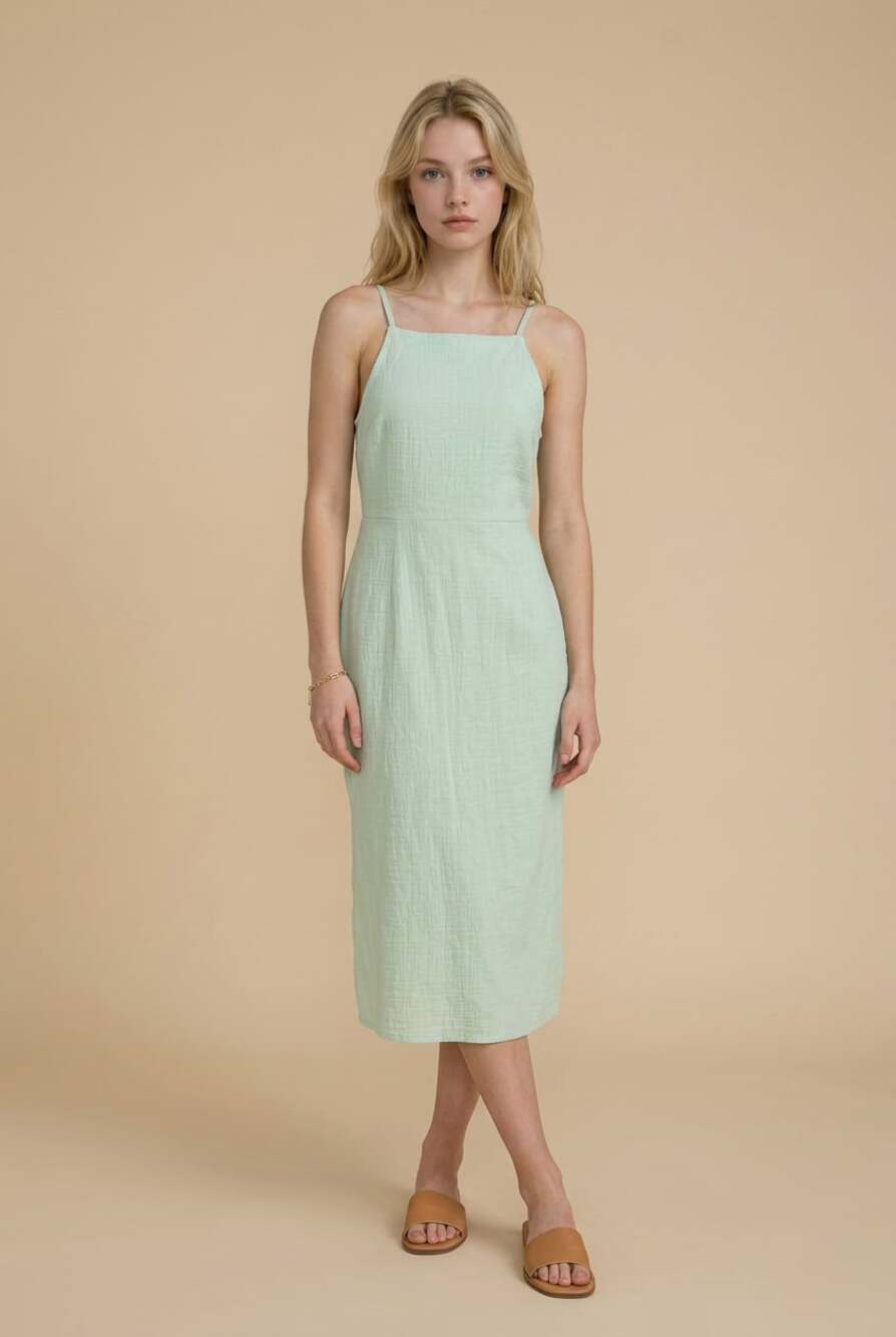 Madewell Mint Green Textured Knit Square Neck Midi Dress with Side Slits
